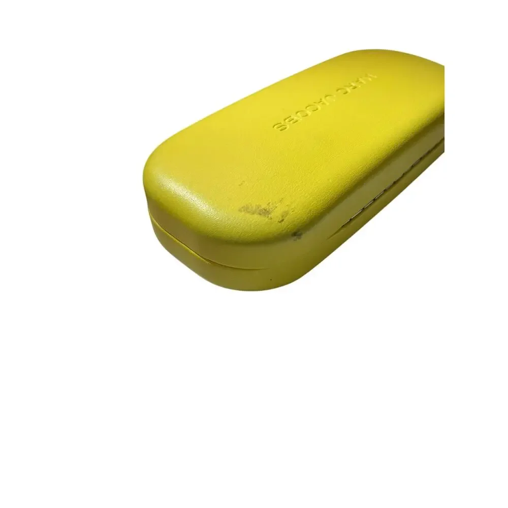 Marc Jacobs purple glasses frames with lenses yellow case, cleaning cloth.